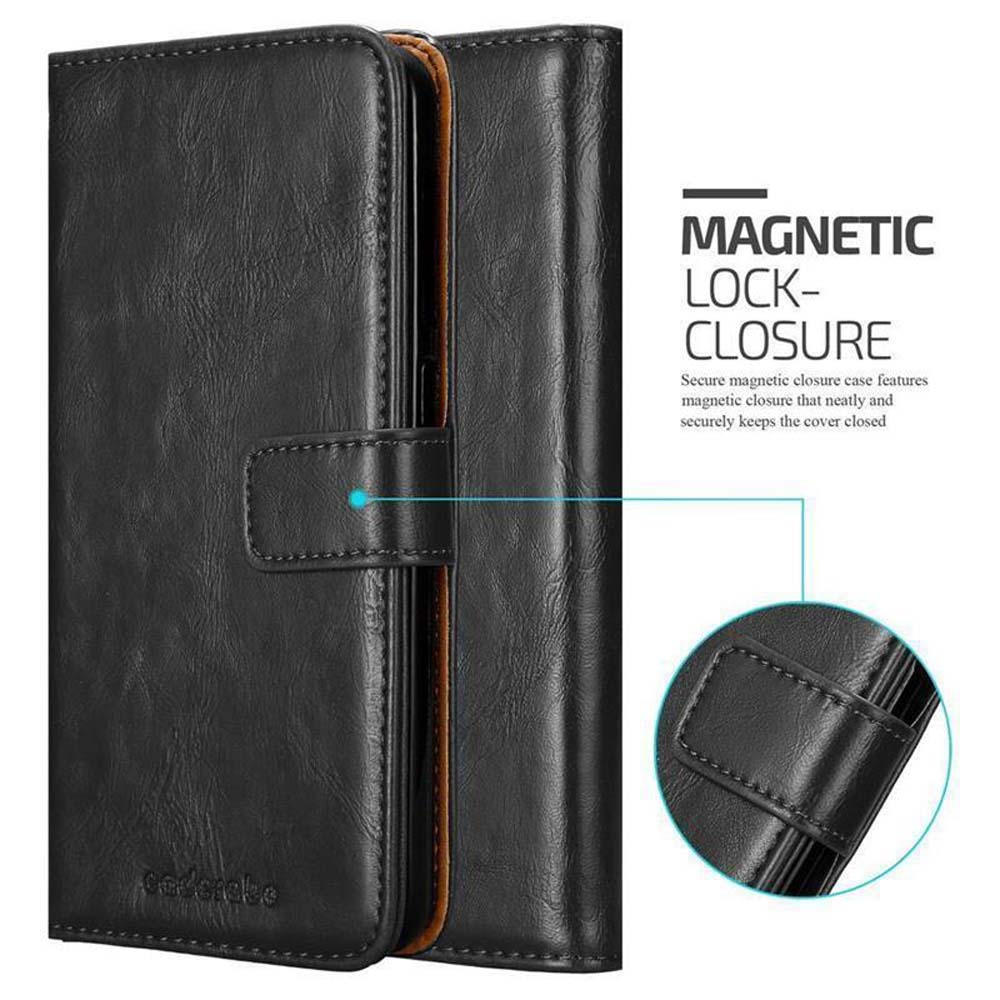 Custodia nera per telefono con chiusura magnetica, su sfondo bianco, con dettagli.