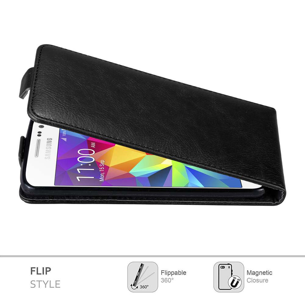 Una funda de teléfono negra tipo flip con un teléfono dentro que muestra la hora. Se muestra el estilo flip y el cierre magnético.