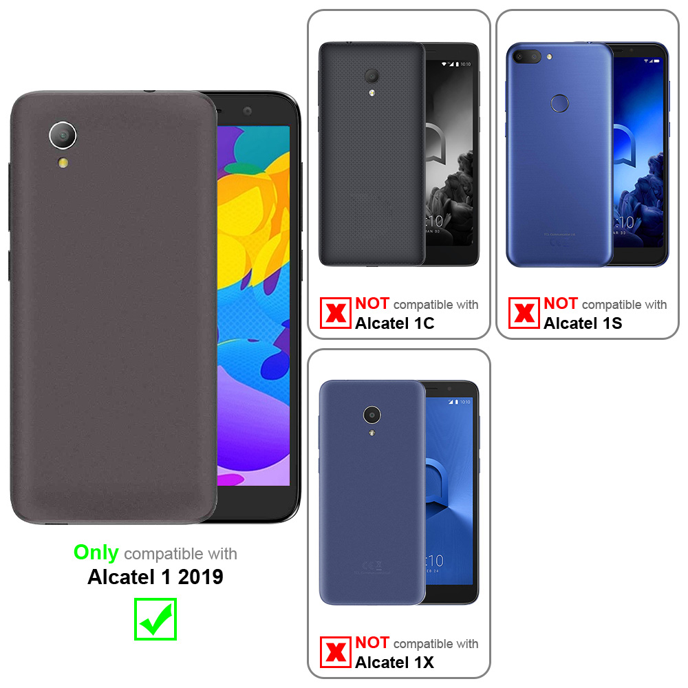 Compatibilità della custodia del telefono. Mostra tre telefoni con custodie, indicando la compatibilità per Alcatel 1 2019.