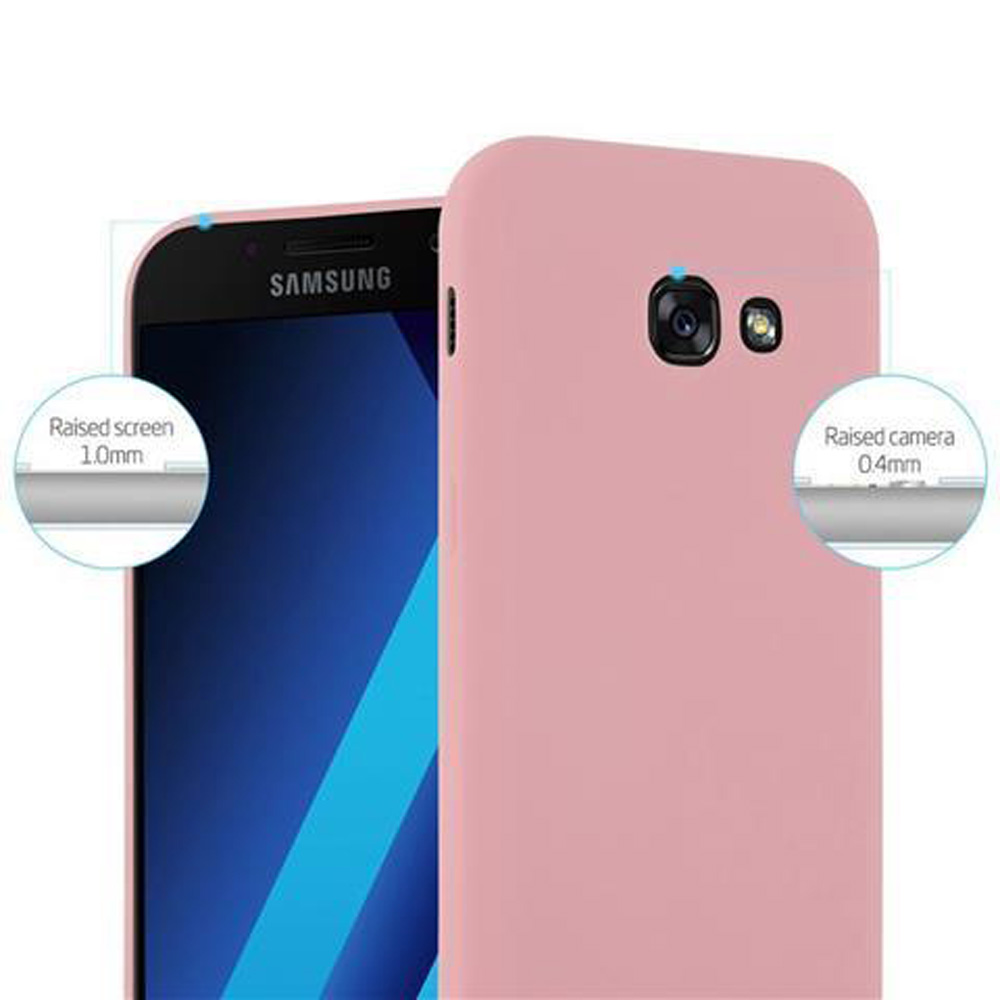 Una custodia rosa per telefono con un telefono all'interno. Le etichette mostrano 'schermo rialzato' e 'fotocamera rialzata'.