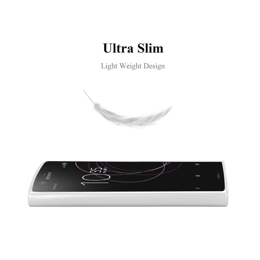 Un telefono bianco è in orizzontale. Il testo dice 'Ultra Slim, Light Weight Design' e una piuma galleggia.