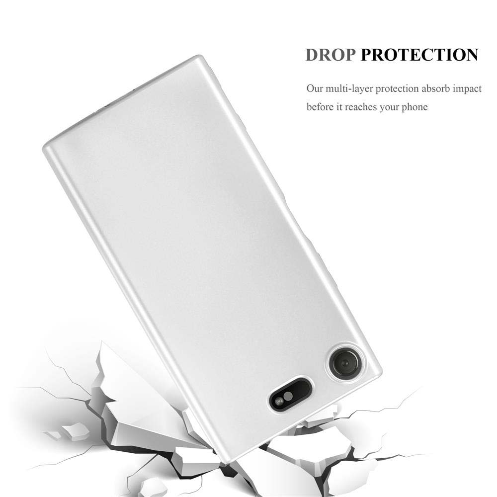 Una custodia per telefono argento angolata, con un design di terra incrinata e testo che dice 'Drop Protection'.