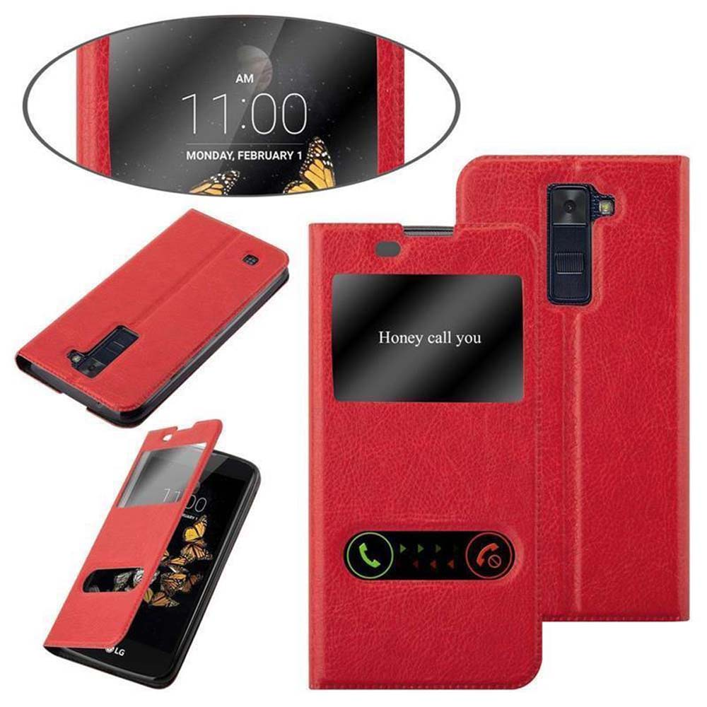Custodia rossa per telefono con display, mostra ora e data, con finestra aperta e messaggio.
