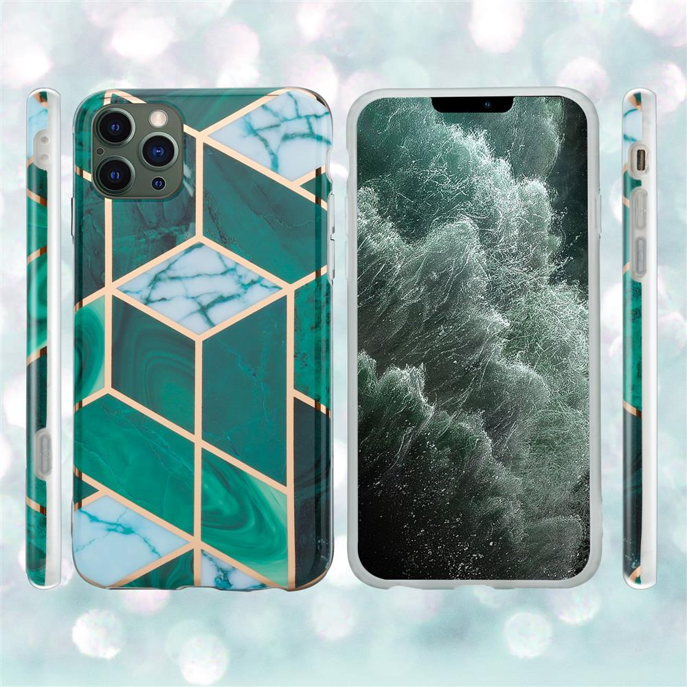 Eine Handyhülle mit grünem Marmordesign und ein Telefon mit Wasserbild.