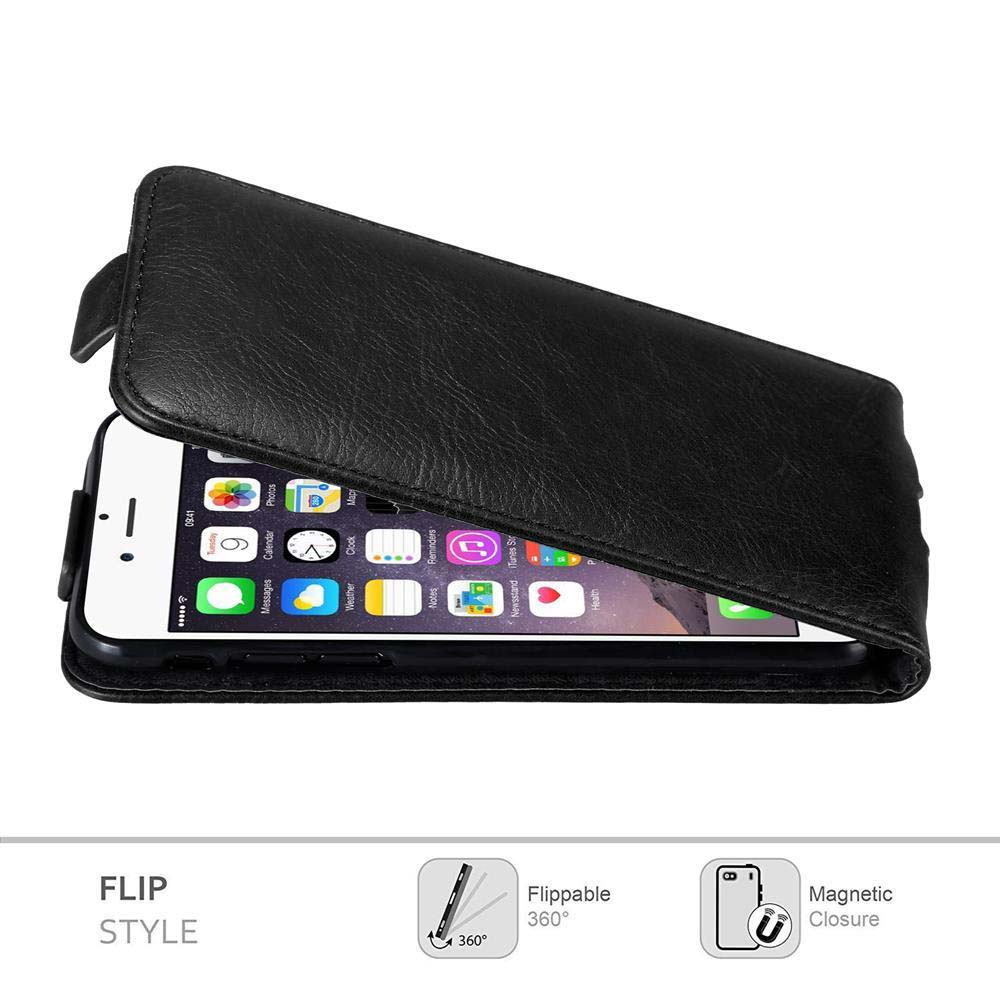 Schwarze Klapp-Handyhülle geöffnet. Der Telefonbildschirm zeigt App-Symbole. Text: Flip Style. Magnetverschluss.
