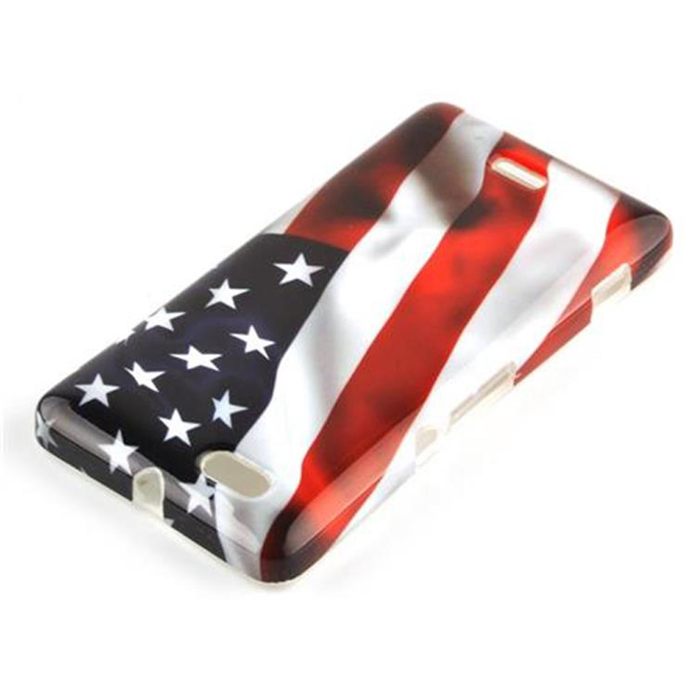 Eine Handyhülle mit dem Design der amerikanischen Flagge. Rote und weiße Streifen und weiße Sterne auf schwarzem Grund.