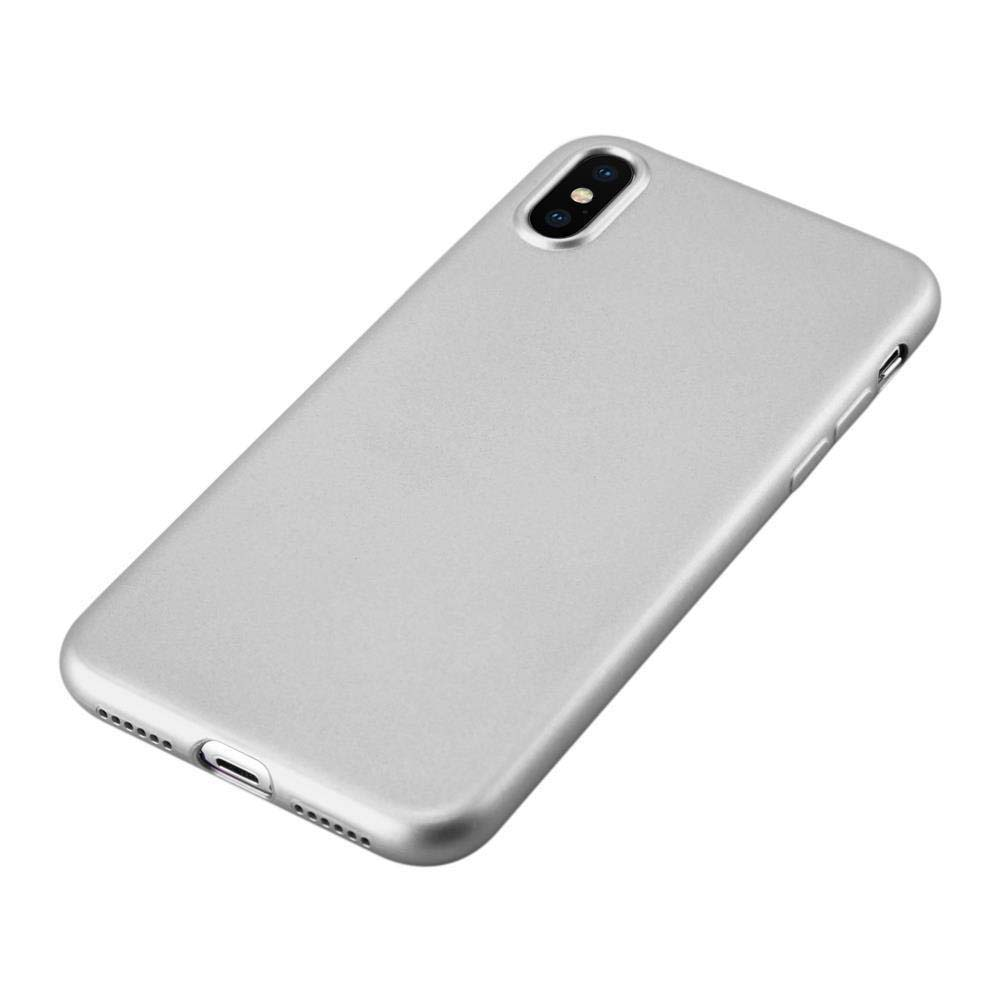 Una custodia per telefono argentata. La custodia è argentata tinta unita con foro per la fotocamera e pulsanti.