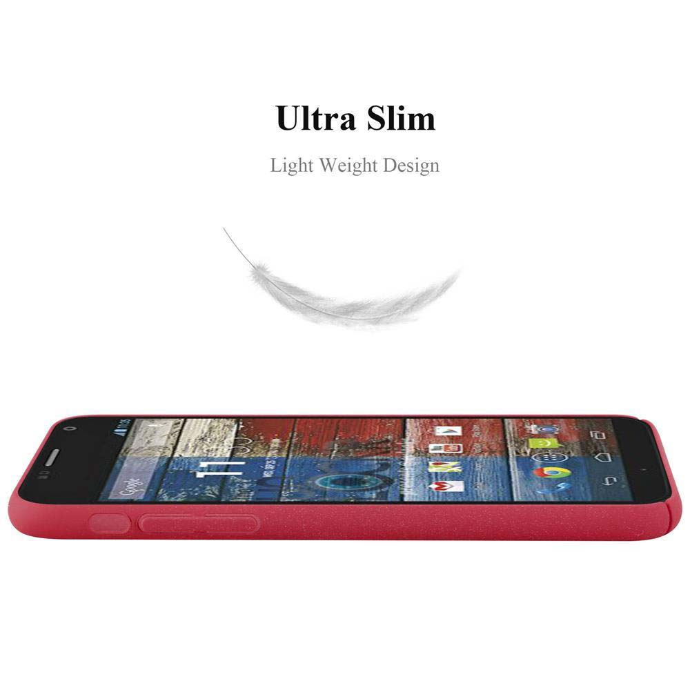 Telefono rosso in una custodia rossa. Piuma sopra. Testo: Ultra Slim, Light Weight Design.