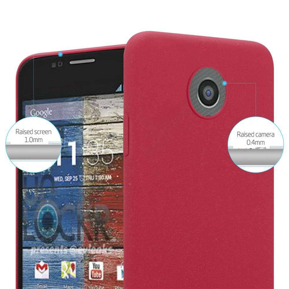 Telefono rosso, schermo con icone di app, con testo.