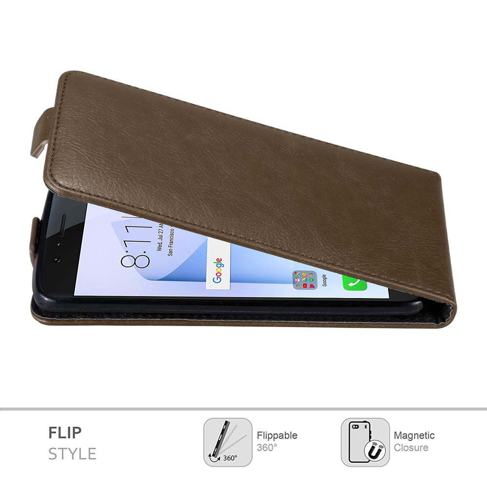 Custodia a libro marrone con telefono. Lo schermo del telefono è visibile. Testo: Flip Style, ribaltabile 360. Chiusura magnetica.