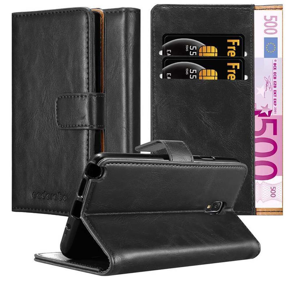 Funda de teléfono negra con un teléfono y tarjetas. Vistas abiertas y cerradas.