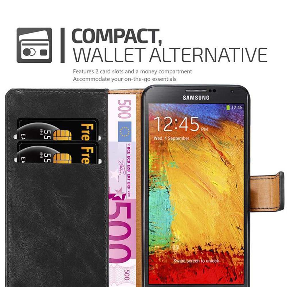 Funda tipo cartera con tarjetas y dinero. El teléfono muestra la hora.
