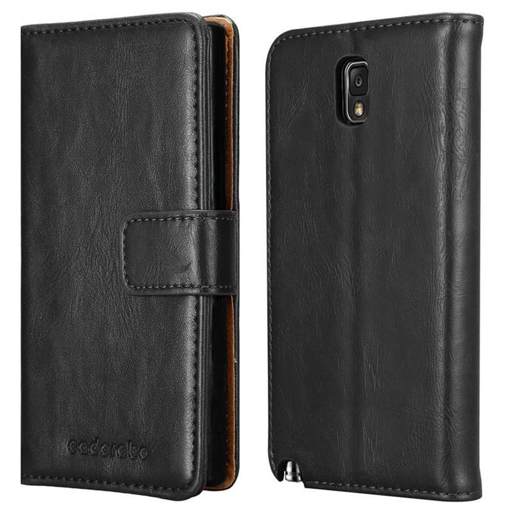 Funda de teléfono de cuero negro, abierta. La funda es de cuero negro con cierre magnético.