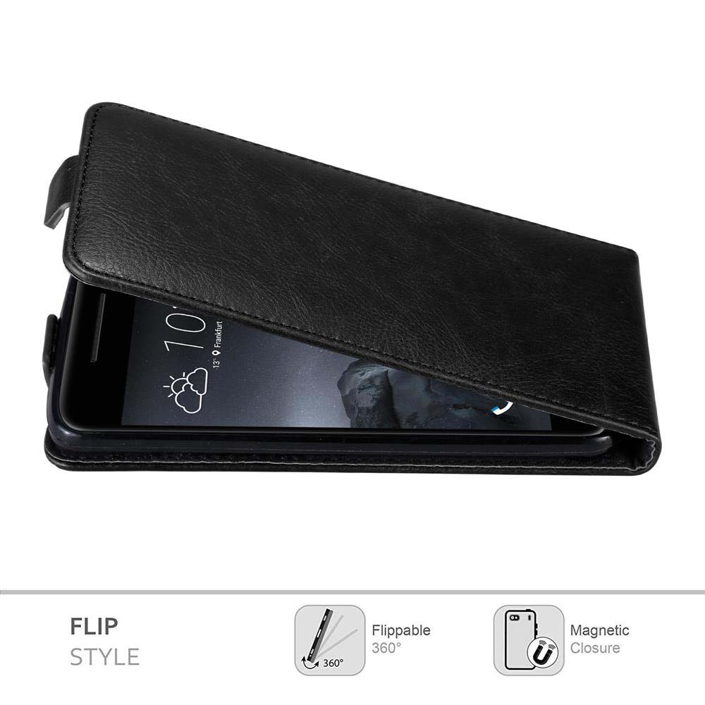 Schwarze Handyhülle, offen, mit Telefonbildschirm. Symbole zeigen Flip-Stil, 360° klappbar und Magnetverschluss an.