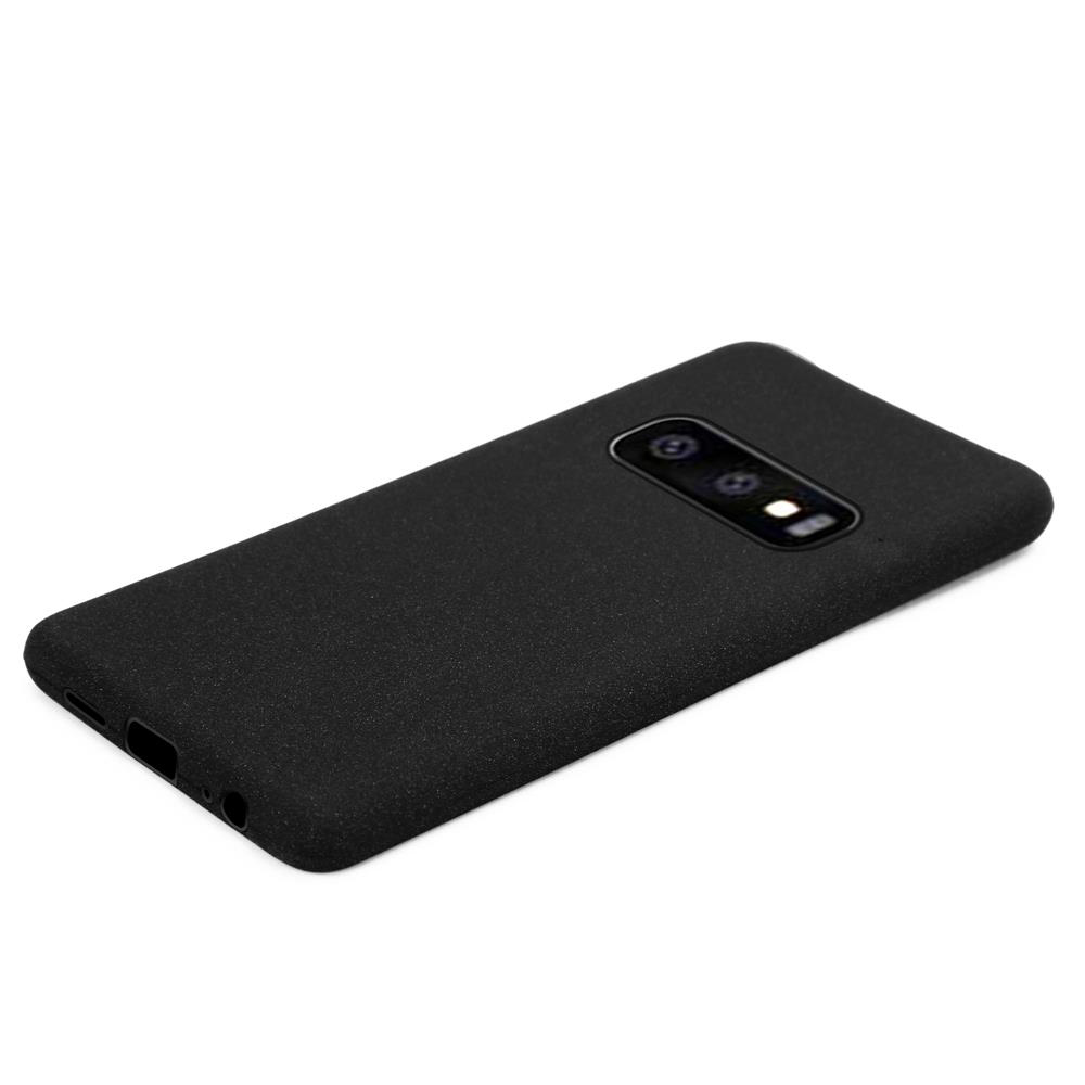 Custodia per telefono nera. La custodia è liscia e opaca. Fori per l'obiettivo della fotocamera. Pulsanti laterali visibili.
