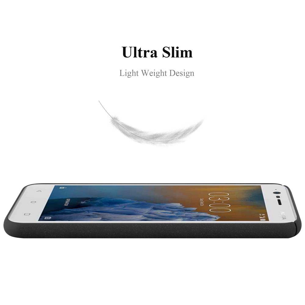 Ein Telefon mit schwarzem Gehäuse. Text: Ultra Slim, Light Weight Design. Eine Federgrafik über dem Telefon.