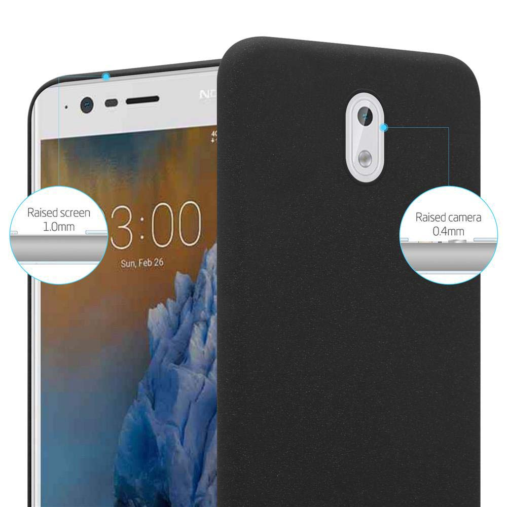 Eine schwarze Handyhülle mit Telefon. Details zeigen erhöhte Bildschirm- und Kamerabereiche.