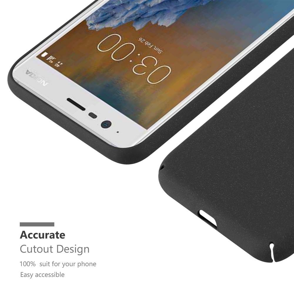 Weißes Telefon mit schwarzem Gehäuse. Bildschirm zeigt Uhrzeit und Datum an. Text: Präzises Ausschnittdesign.