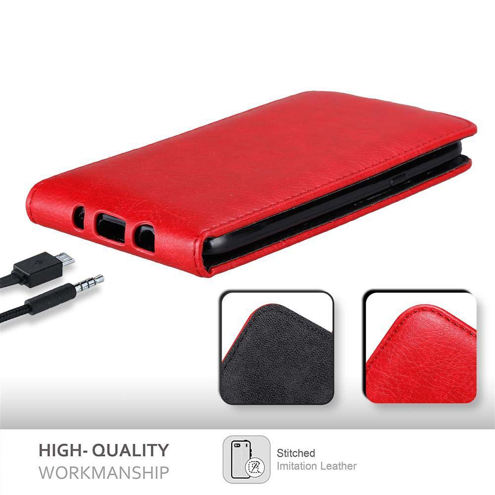 Rote Handyhülle, mit Telefon. Text: HOCHWERTIGE VERARBEITUNG. Kabel und Lederdetail.