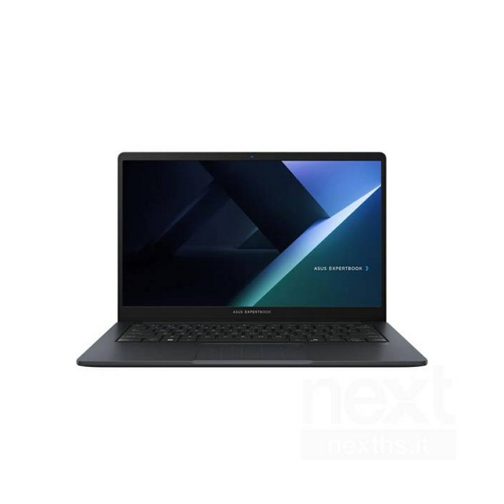 Un laptop ASUS ExpertBook, aperto, nero, su una superficie bianca, mostra uno schermo.