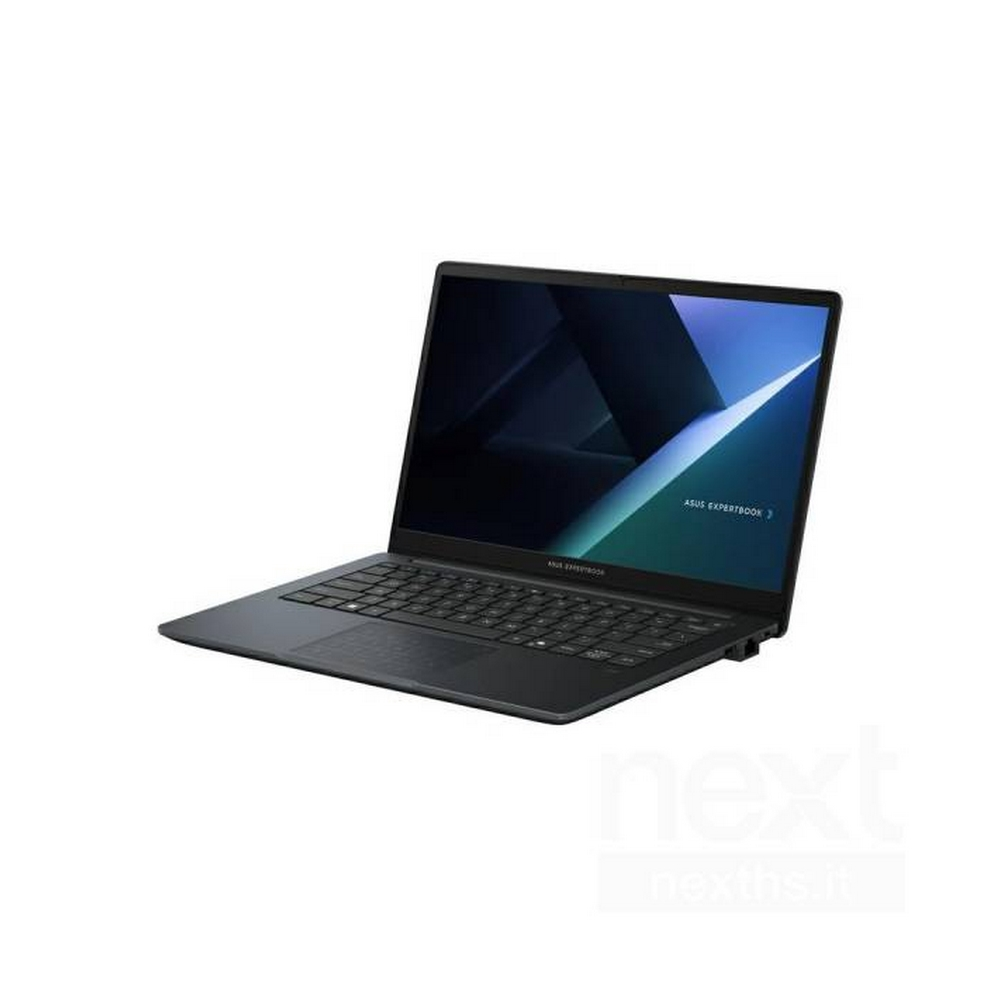 Un laptop nero con schermo scuro, tastiera e il logo ASUS EXPERTBOOK sullo schermo.