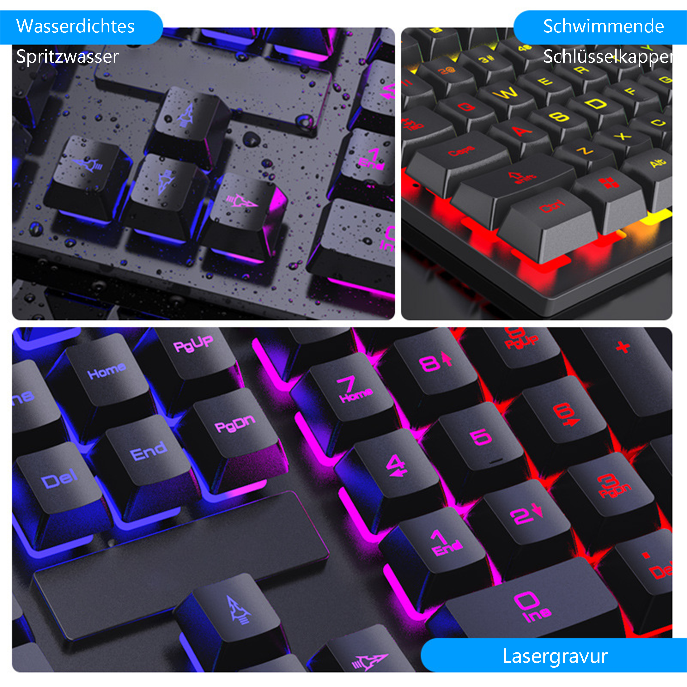 Nahaufnahme einer Tastatur. Merkmale: Lasergravur und spritzwassergeschütztes Design.