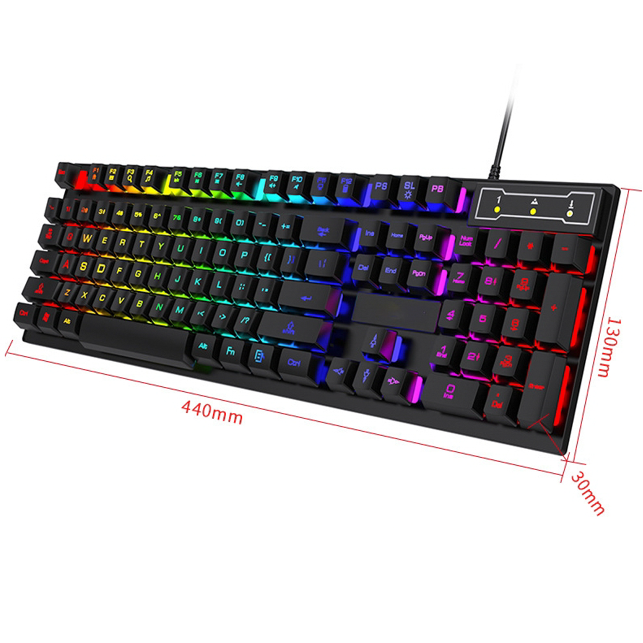 Schwarze Tastatur mit bunten Tasten. Abmessungen sind 440 mm x 130 mm x 30 mm. Tasten sind beschriftet und beleuchtet.