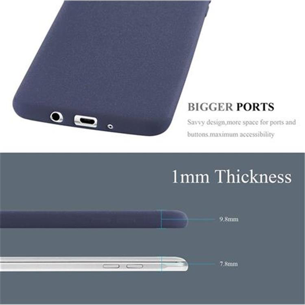Una funda de teléfono azul, una sección transversal que muestra el grosor, con texto sobre puertos más grandes.