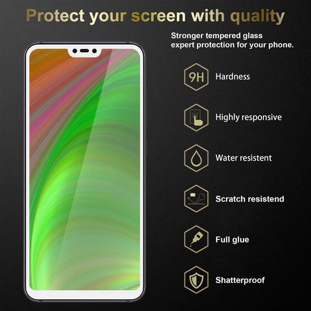 Schermo del telefono con protezione. Il testo afferma che ha una durezza 9H, è altamente reattivo, resistente all'acqua e ai graffi.