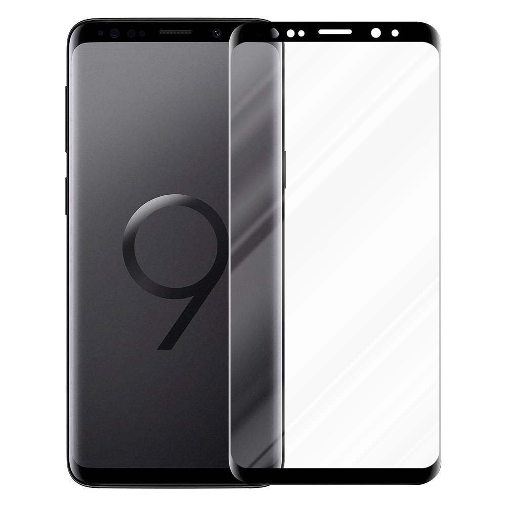 Telefono nero con protezione schermo applicata. Lo schermo appare chiaro, con un bordo curvo.