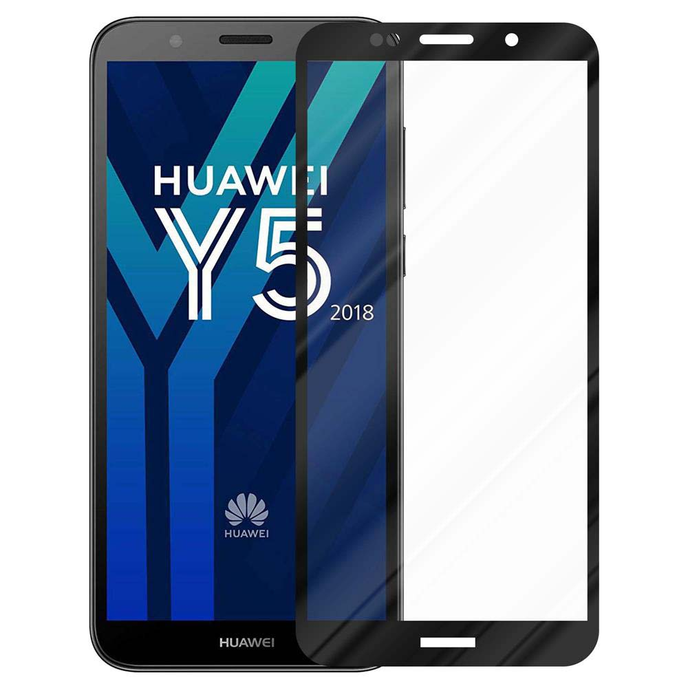 Telefono e protezione schermo. Protezione copre lo schermo. Telefono nero, modello Huawei Y5 2018.