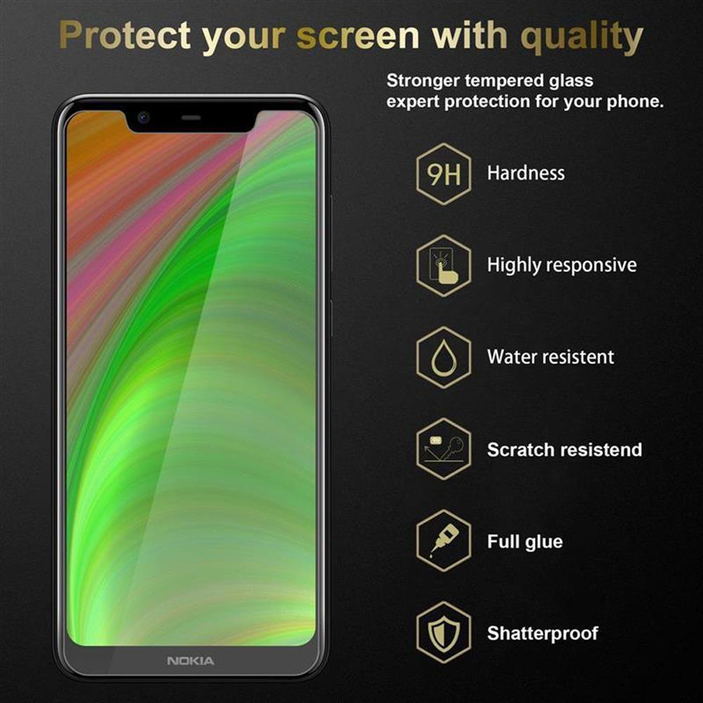 Un telefono con protezione schermo. Testo: proteggi il tuo schermo con qualità. Icone: durezza, altamente reattivo.