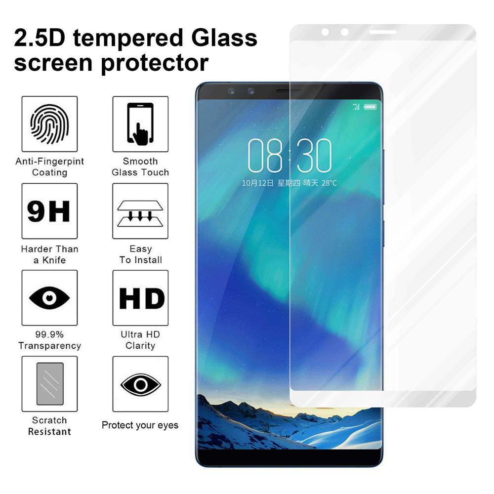 Un telefono con protezione schermo. Testo: Vetro temperato 2.5D. Icone: anti-impronta, chiarezza HD.