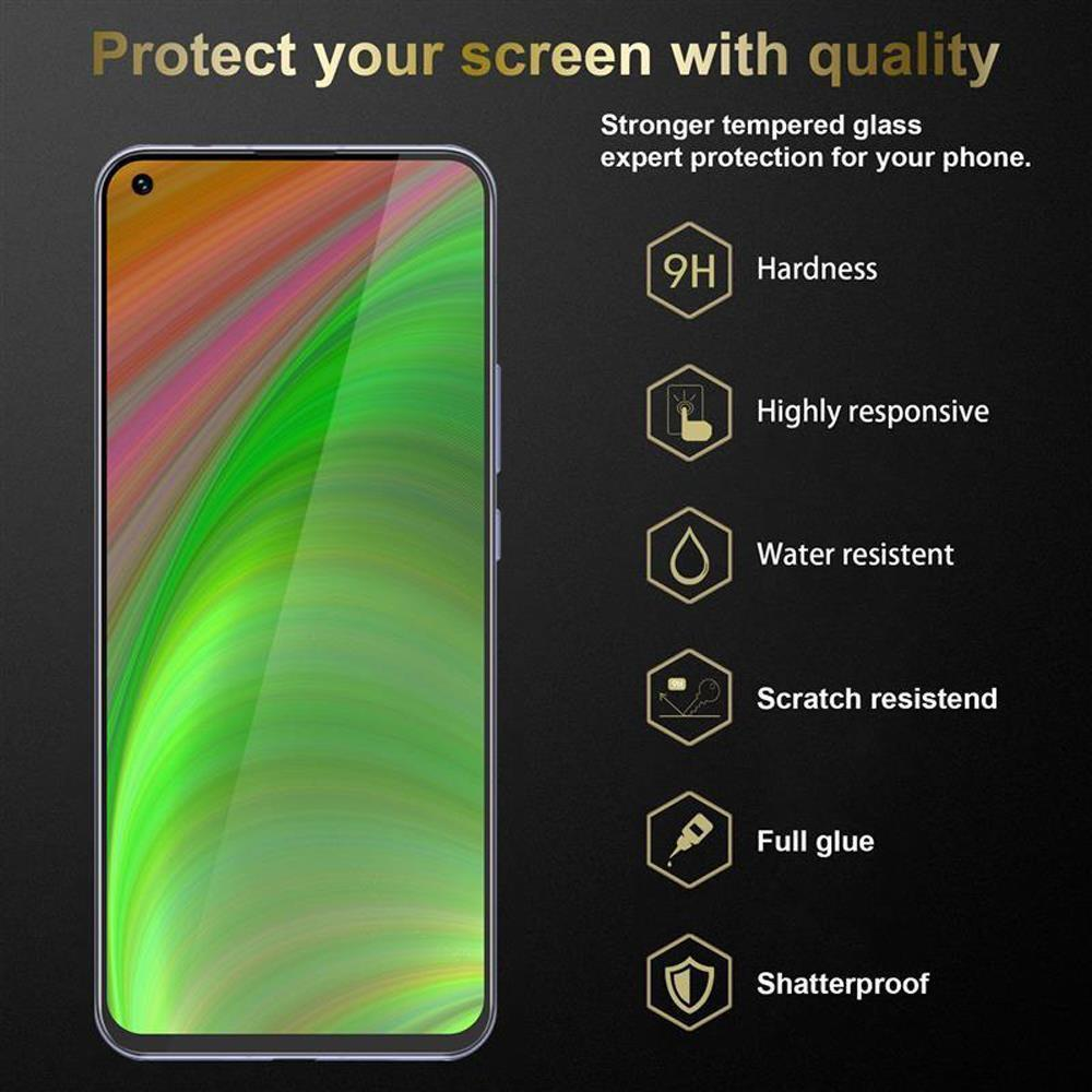 Teléfono con protector de pantalla, con funciones de protección. Fondo negro.