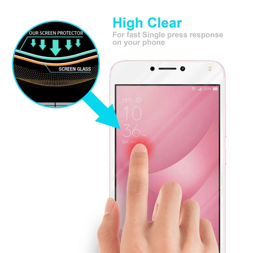Telefono rosa con protezione schermo. Testo: High Clear. Un dito preme sullo schermo. Icona vetro schermo.