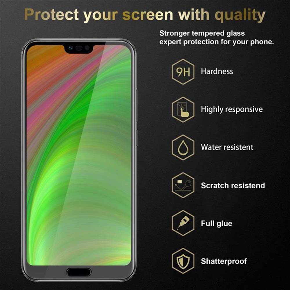Uno schermo del telefono con display colorato, il testo indica le caratteristiche di protezione, durezza 9H, resistente ai graffi.
