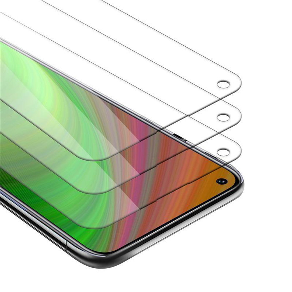Protezioni schermo per telefono impilate sopra un telefono colorato. Le protezioni sono trasparenti.