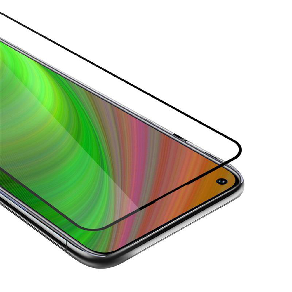 Un telefono con protezione schermo. La protezione è sullo schermo. Lo schermo mostra un'immagine colorata.