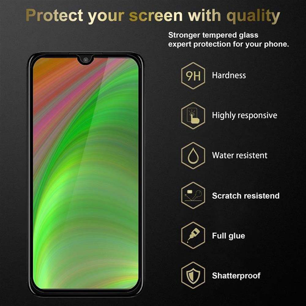 Telefono con protezione schermo. Testo: Proteggi il tuo schermo con qualità. Caratteristiche elencate a destra.