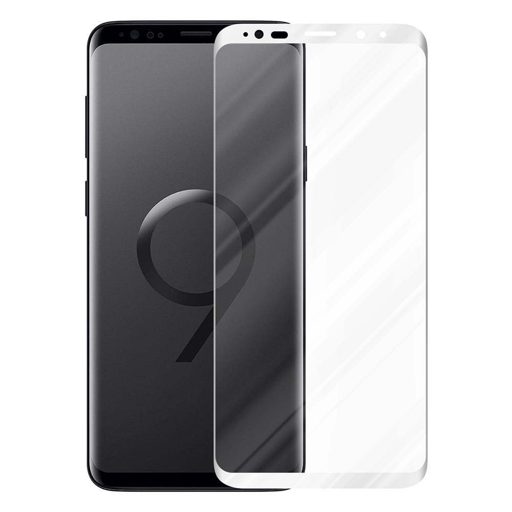 Un telefono nero con una protezione per lo schermo. La protezione è bianca con un bordo curvo, che copre l'intero schermo.