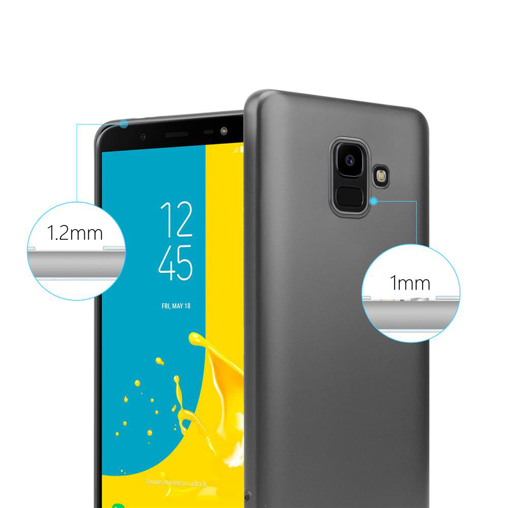 Telefon mit Hülle. Graue Hülle. Text: 1,2 mm und 1 mm. Gelber Hintergrund.