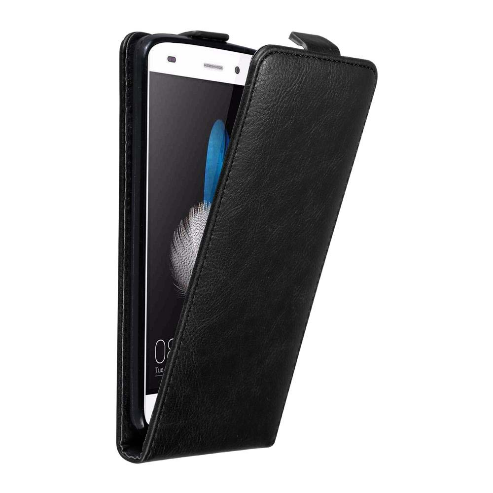 Funda negra para teléfono, abierta y mostrando un teléfono. La pantalla está encendida.