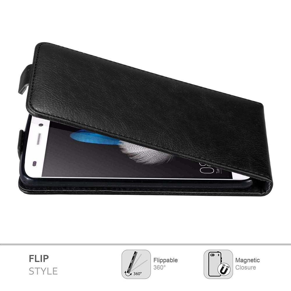 Funda negra con tapa abierta, revela pantalla de teléfono, y texto Flip Style con iconos abajo.