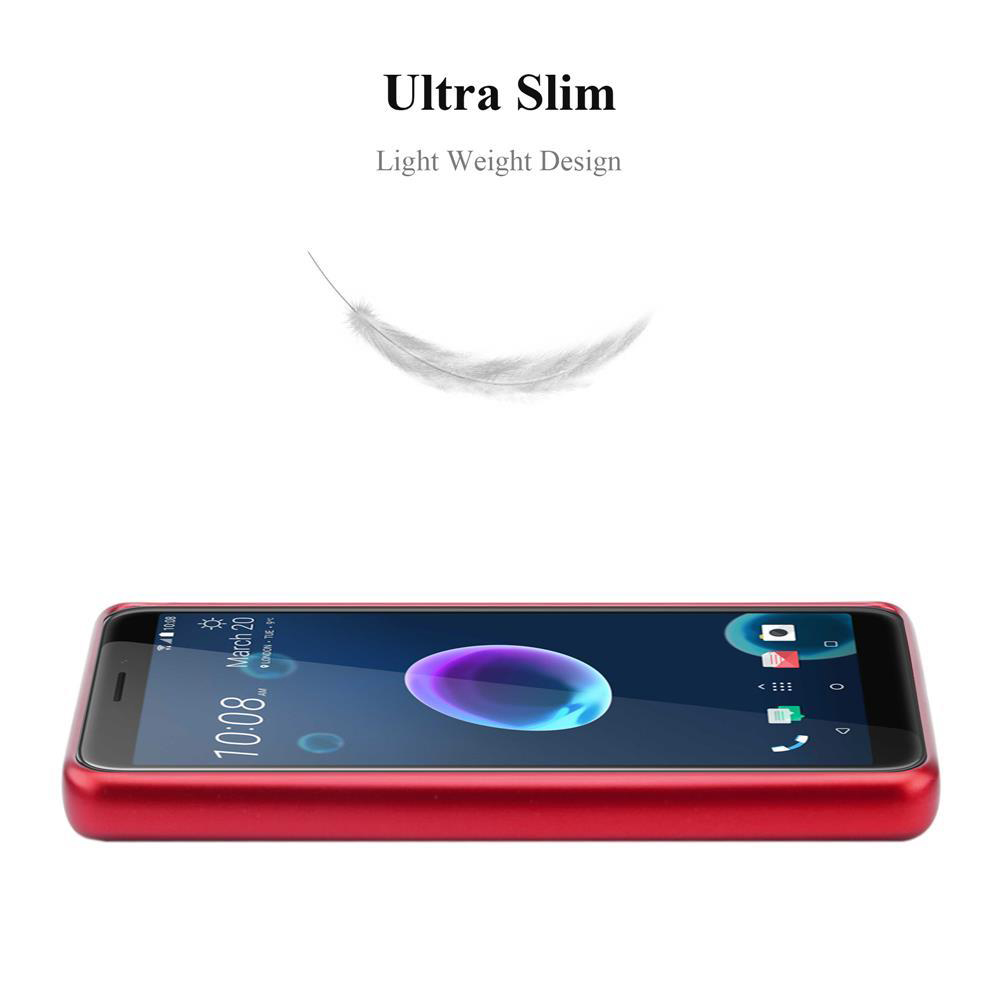 Eine rote Handyhülle und Telefon. Text lautet Ultra Slim, Light Weight Design. Eine Feder ist oben.