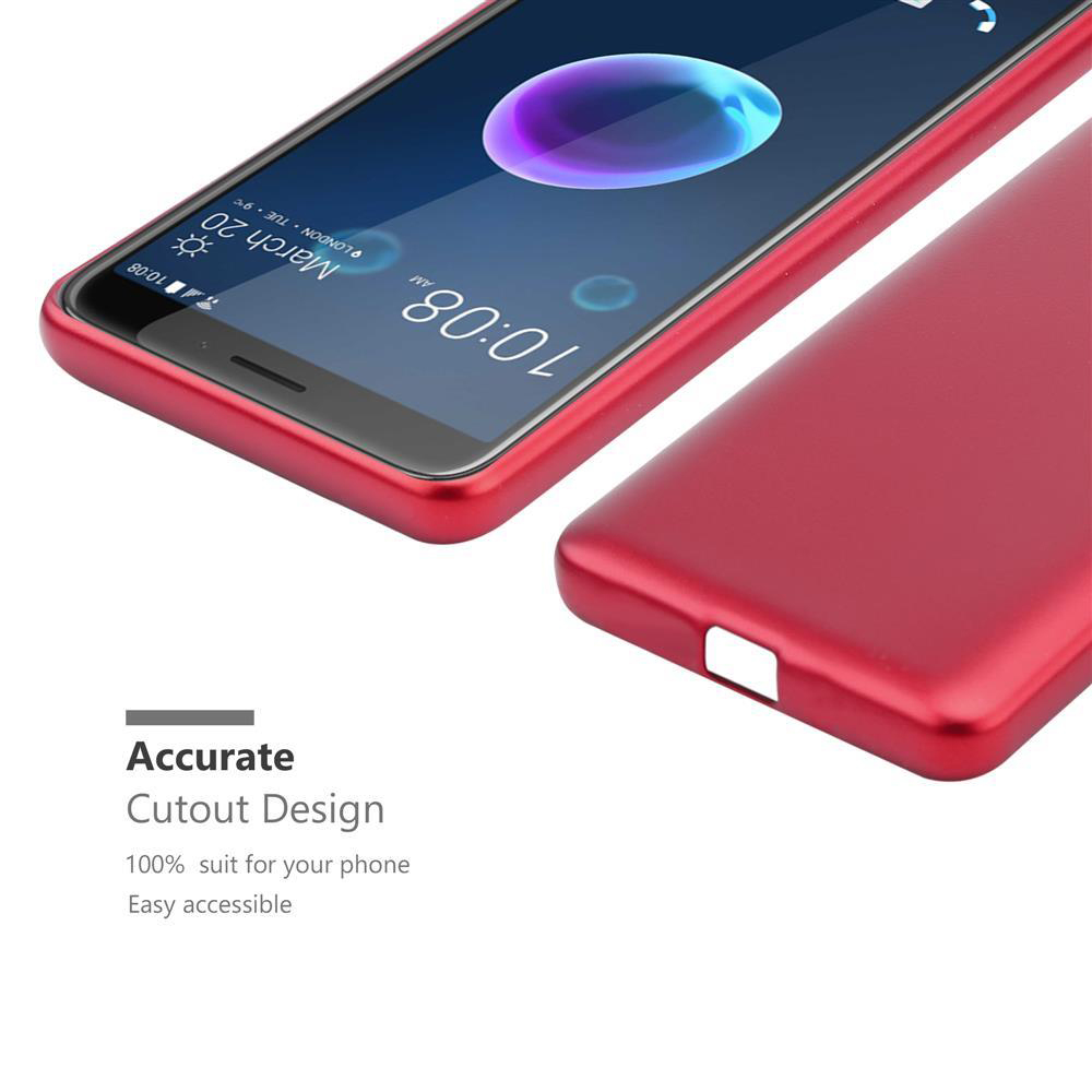Rote Handyhülle mit Telefon. Die Hülle hat Ausschnitte. Weißer Hintergrund.
