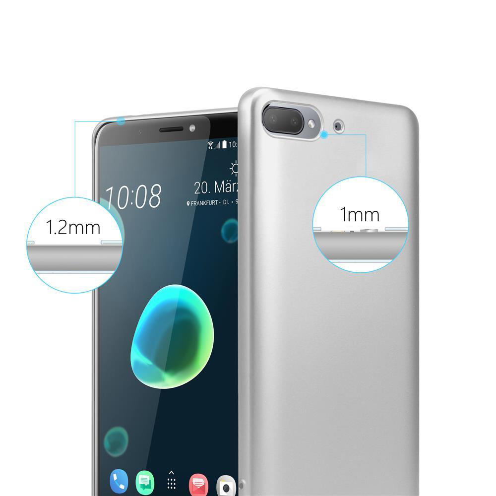 Silbernes Smartphone mit Nahaufnahmen des Bildschirms und der Rückseite, mit Maßen.