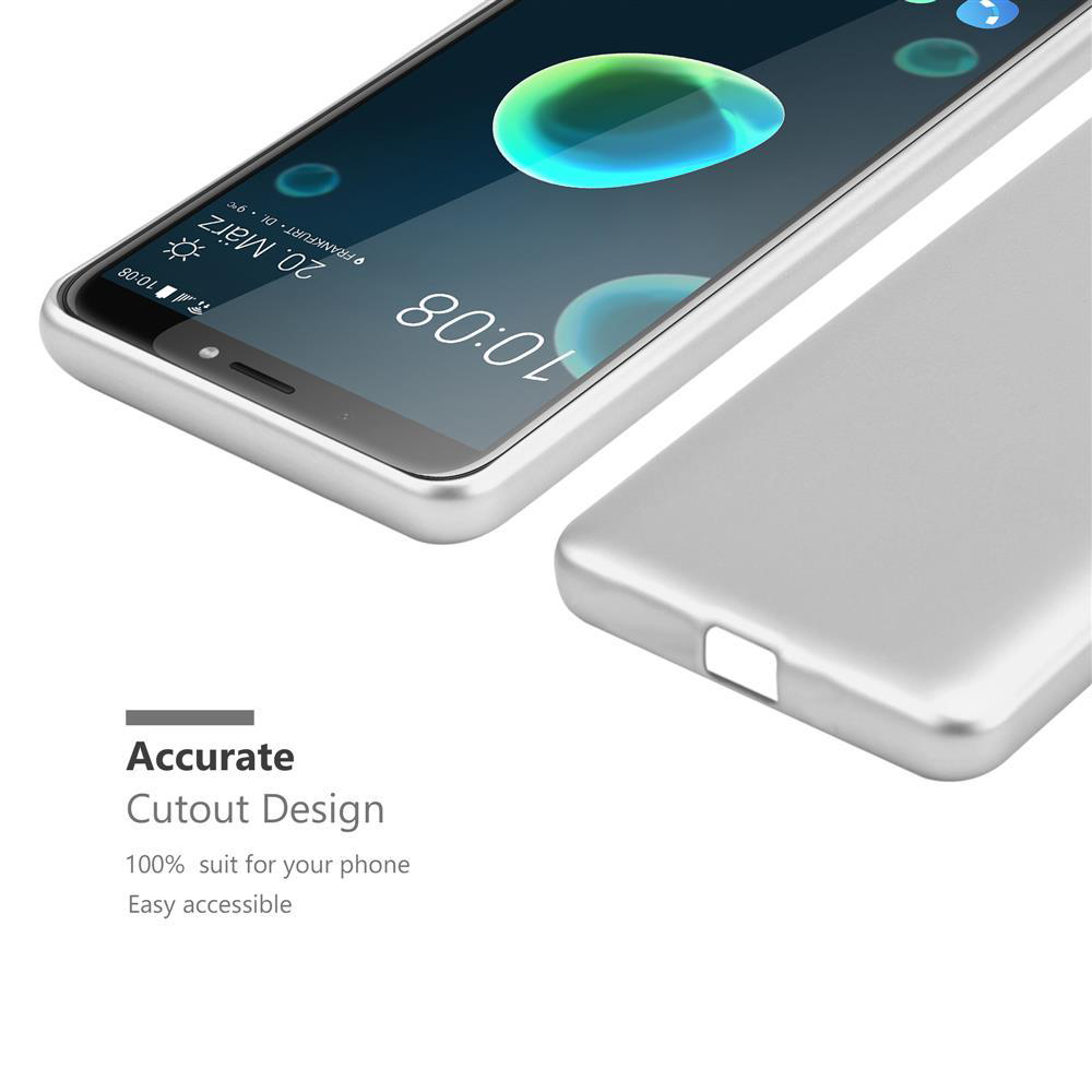 Eine silberne Handyhülle mit einem Telefon auf weißer Oberfläche. Genaues Ausschnittdesign wird gezeigt.