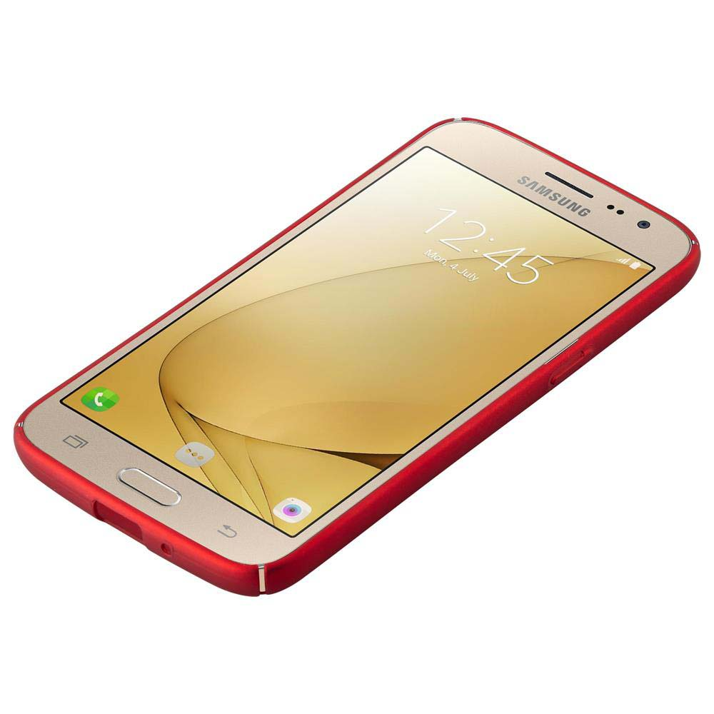 Telefono in custodia rossa. Il telefono è dorato, con l'ora visualizzata.