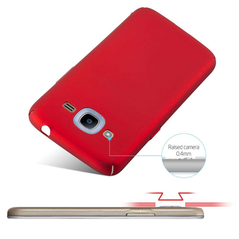 Una custodia per telefono rossa con un ritaglio per la fotocamera. Un diagramma mostra la protezione rialzata della fotocamera.