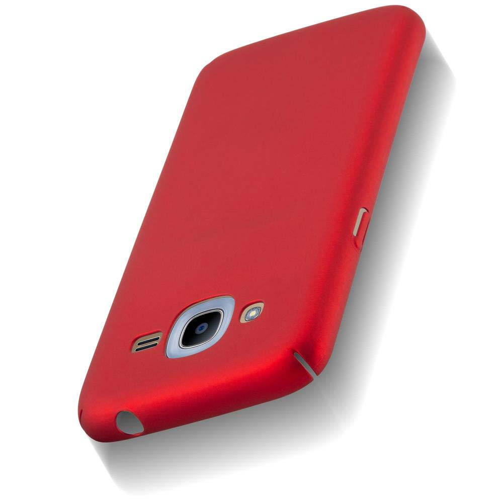 Una custodia rossa per telefono, leggermente angolata, con la fotocamera del telefono visibile.